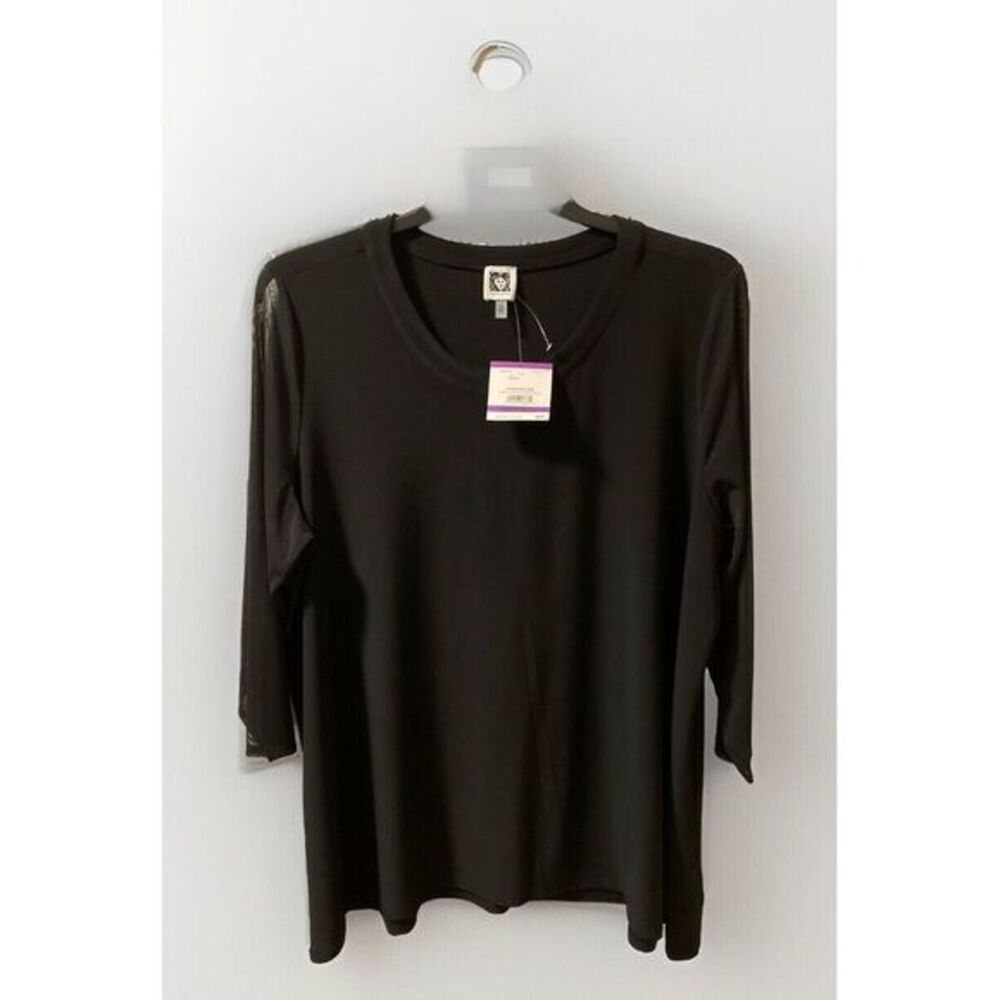 ANNE KLEIN‎ Top Slinky Knit Blouse Sz 2X Sheer Sleeve Black NWT Dressy